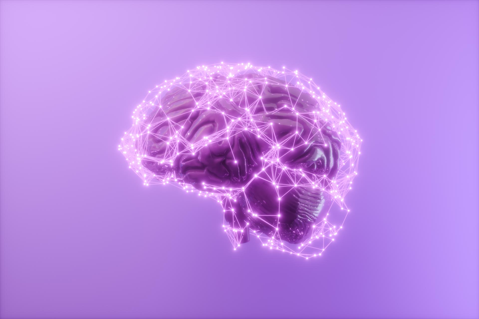 Cerebro humano 3D con puntos de conexión y líneas de plexo. Concepto de Inteligencia Artificial y Deep Learning. Renderizado 3D